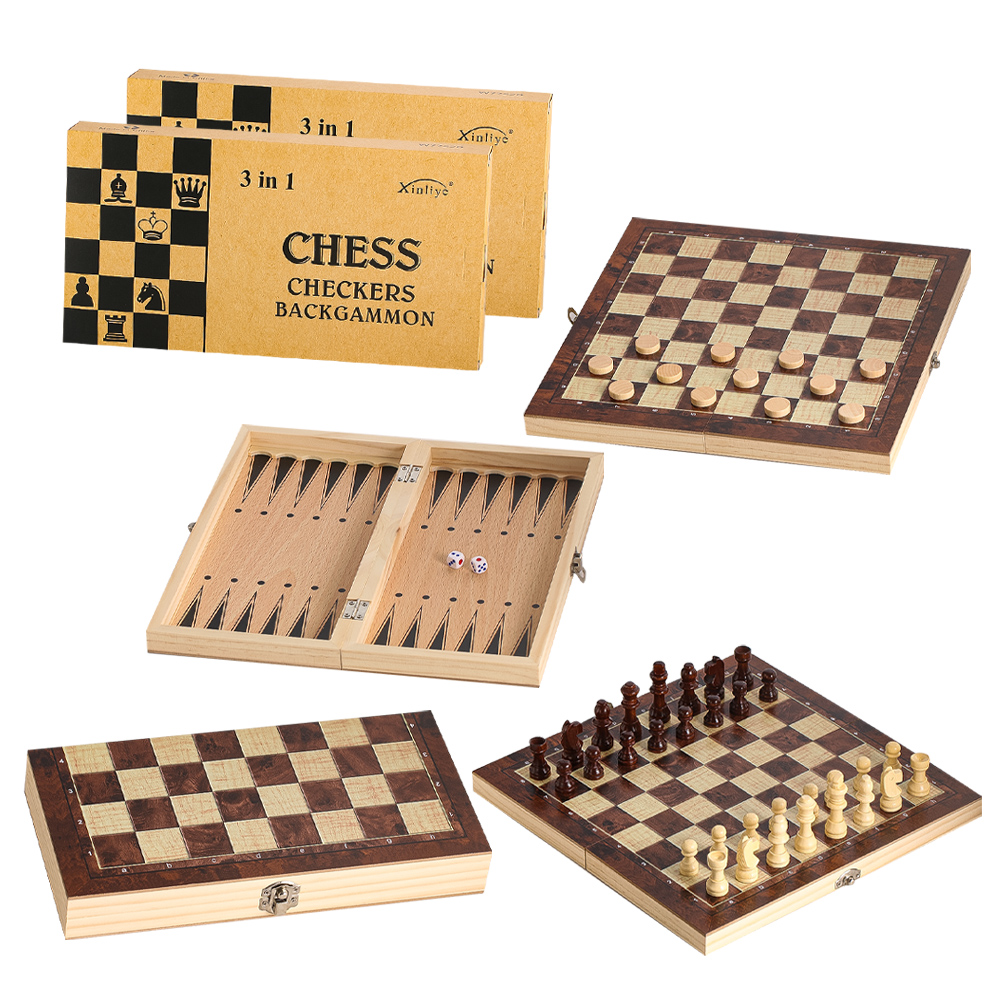 Chess Set Wooden - Wooden 3-in-1 Checkers Backgammon and Chess